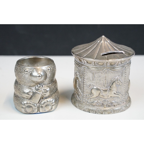 340 - Collection of silver metal money boxes together with hand painted Gray's Pottery mini jug and Old co... 