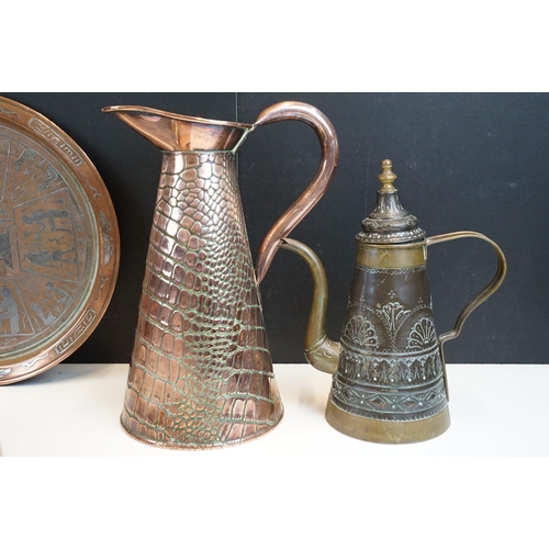 341 - Arts and crafts Joseph Sankey & Sons copper water jug together with a quart tankard, Arabian style c... 