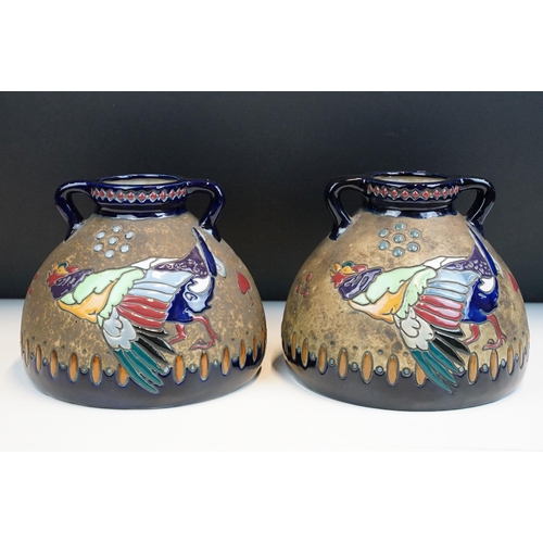 5 - Pair of Austrian Amphora pottery vases each of twin handled form with cockerel and florals in enamel... 