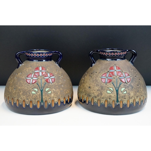 5 - Pair of Austrian Amphora pottery vases each of twin handled form with cockerel and florals in enamel... 