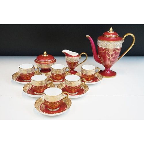 7 - Royal Worcester mid 20th Century coffee set to include coffee pot, jug, sugar bowl, and six cups and... 