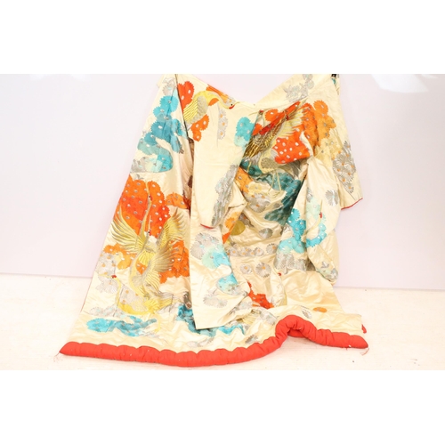 355 - 20th century red lined silk kimono with all over crane bird, floral metallic thread embroidery and p... 