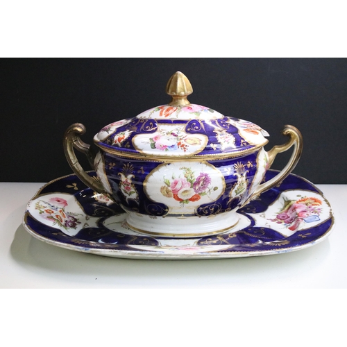 12 - 19th Century Victorian twin handled tureen and matching platter having hand painted floral sprays an... 