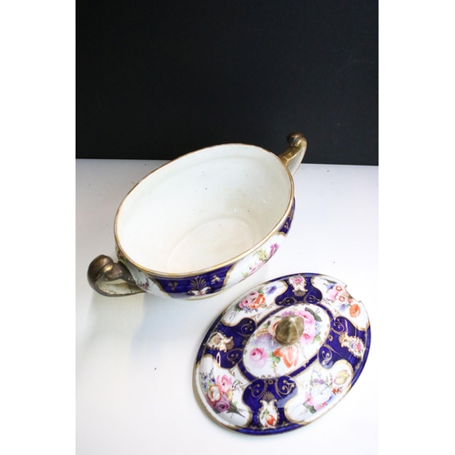 12 - 19th Century Victorian twin handled tureen and matching platter having hand painted floral sprays an... 