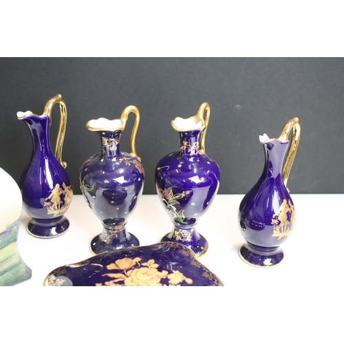 89 - Limoges blue and gilted lidded boxes together with four small pitcher jugs, Satsuma '1000 faces' vas... 