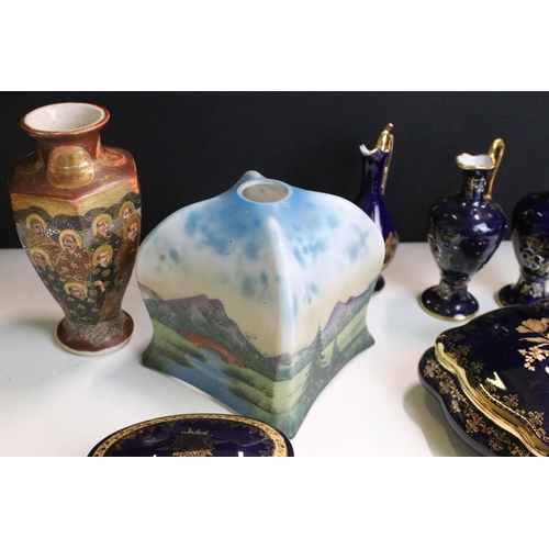 89 - Limoges blue and gilted lidded boxes together with four small pitcher jugs, Satsuma '1000 faces' vas... 