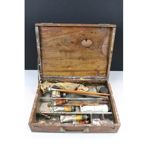 121 - Collection of wooden boxes, contents to include drawing tools, artists paints, palette and brushes t... 