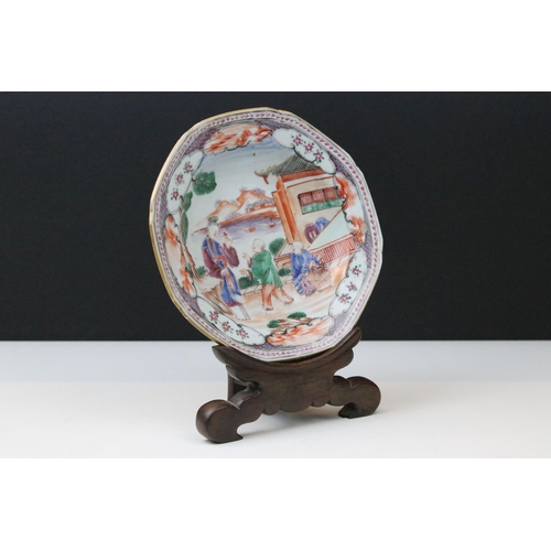 1 - 18th Century Qianglong Chinese famille rose octagonal dish being hand painted with figures within a ... 