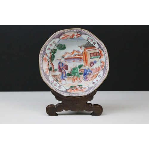 1 - 18th Century Qianglong Chinese famille rose octagonal dish being hand painted with figures within a ... 