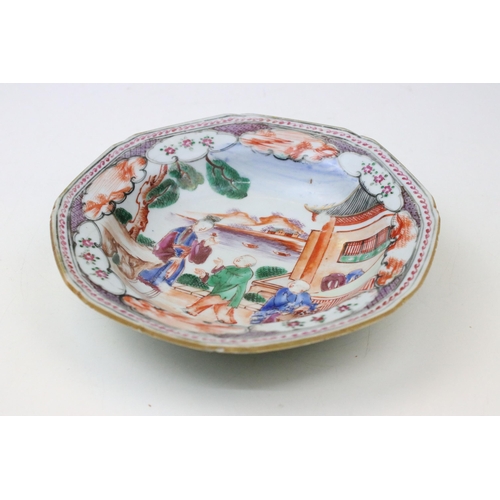 1 - 18th Century Qianglong Chinese famille rose octagonal dish being hand painted with figures within a ... 