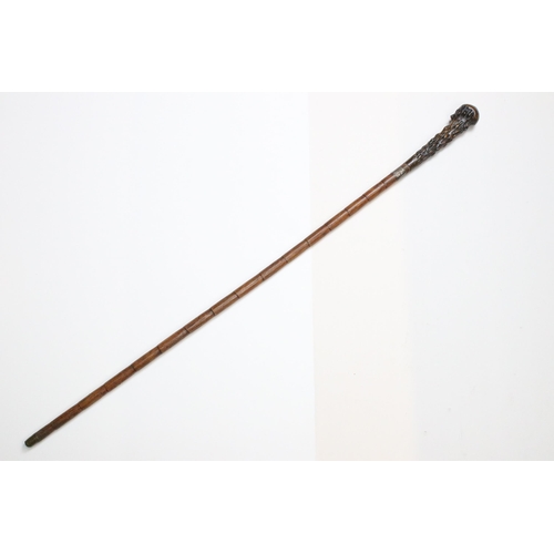 117 - 20th century Briar wood handled walking stick cane with miniature compass top and silver hallmarked ... 