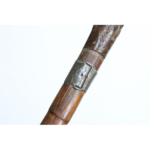 117 - 20th century Briar wood handled walking stick cane with miniature compass top and silver hallmarked ... 