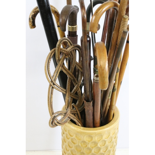 122 - large ceramic umbrella stick stand together with a large quantity of walking sticks in varying forms... 