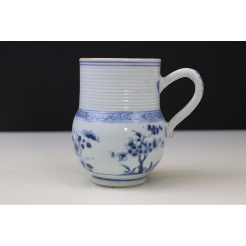 13 - 18th Century Chinese porcelain baluster tankard with a bulbous body and ribbed neck, handle fritted,... 