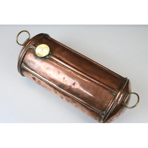 131 - 19th century copper cylindrical carriage foot warmer with brass cap and twin brass loop handles, 34c... 