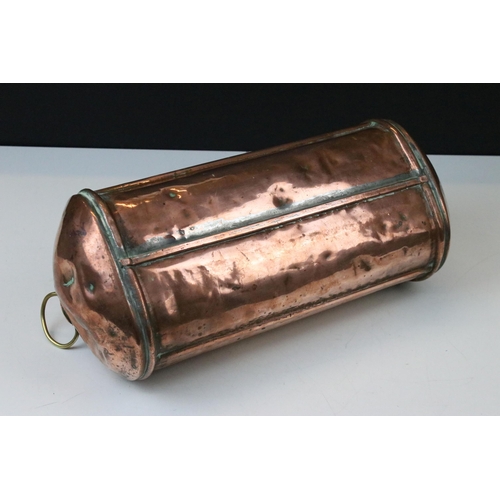 131 - 19th century copper cylindrical carriage foot warmer with brass cap and twin brass loop handles, 34c... 