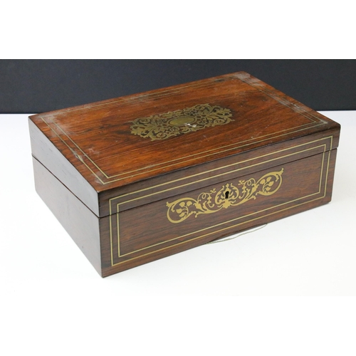 134 - 19th Century Victorian rosewood writing slope box having brass inlay to case and leather slope withi... 