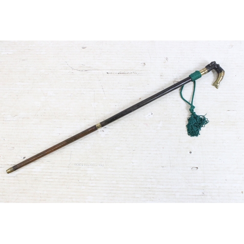 165 - 20th century walking stick cane with brass handle modelled as a mermaid, finished with a green cord ... 