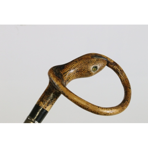 183 - Walking stick, the handle in the form of coiled snake, with yellow glass eye, the hardwood cane with... 