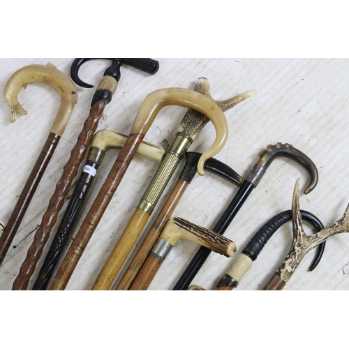 188 - Assorted collection of walking stick canes with antler and horn stylised handles