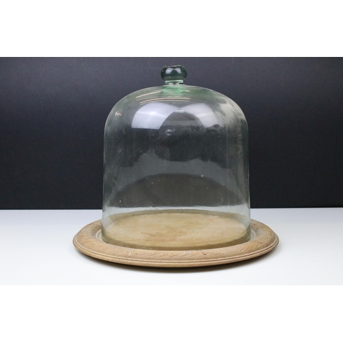 20 - Large glass dome cheese bell with carved detail wooden base, approx. H 27cm, diameter 30cm