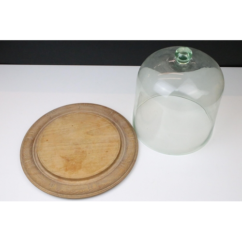 20 - Large glass dome cheese bell with carved detail wooden base, approx. H 27cm, diameter 30cm