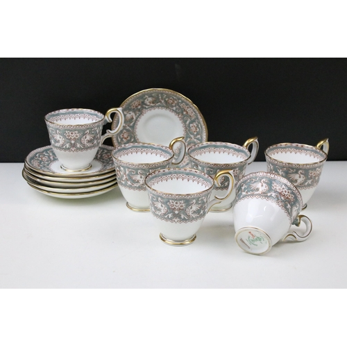 33 - Crown Staffordshire 'Ellesmere' blue and gilt border set of six cups and saucers