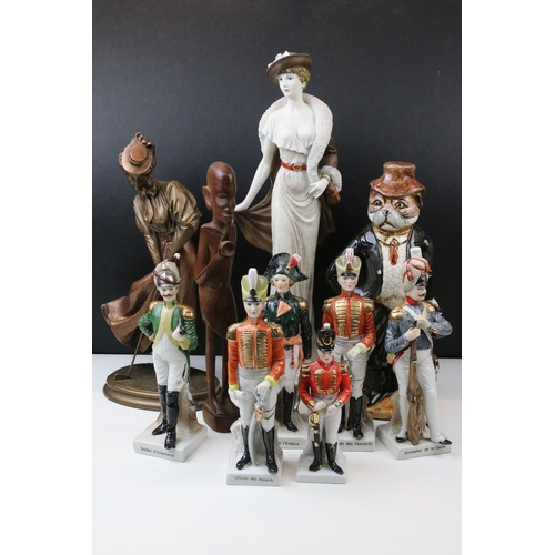 35 - Selection of six Napoleonic soldier figurines, a vintage porcelain gentleman bulldog, Austin Arts sc... 