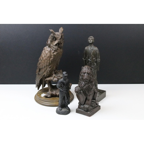 37 - Group of cast sculptures to include a bronze Peter Hicks limited edition of a gentleman on an integr... 