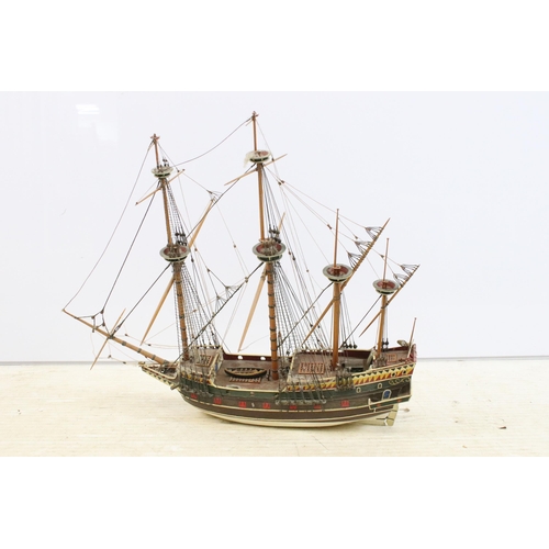 373 - Vintage wooden hand painted model galleon ship. approx. H 51cm