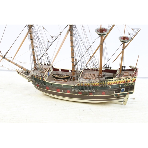 373 - Vintage wooden hand painted model galleon ship. approx. H 51cm