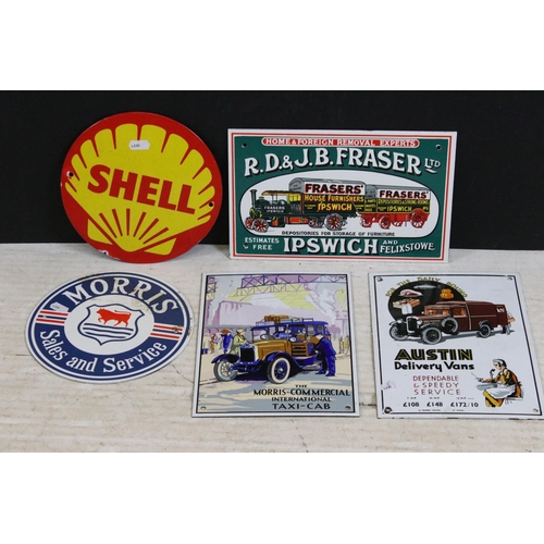 377 - Selection of metal reproduction vintage advertising signs to include Shell, Morris sales and service... 