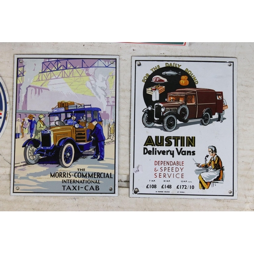 377 - Selection of metal reproduction vintage advertising signs to include Shell, Morris sales and service... 