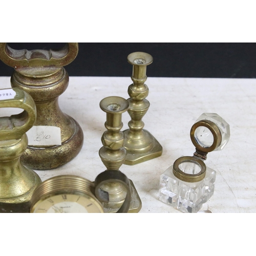 378 - Collection of brass items to include two small candlesticks, medium candlestick, H 25cm, Breweriana ... 