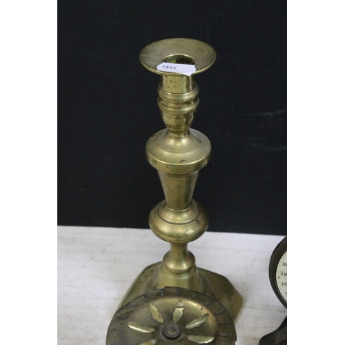 378 - Collection of brass items to include two small candlesticks, medium candlestick, H 25cm, Breweriana ... 