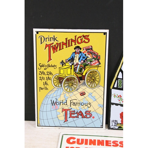 381 - Selection of metal reproduction vintage advertising signs to include Robin starch, Devon toffees, Tw... 