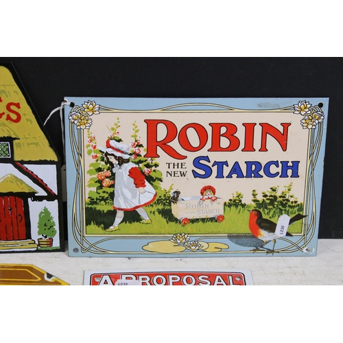 381 - Selection of metal reproduction vintage advertising signs to include Robin starch, Devon toffees, Tw... 