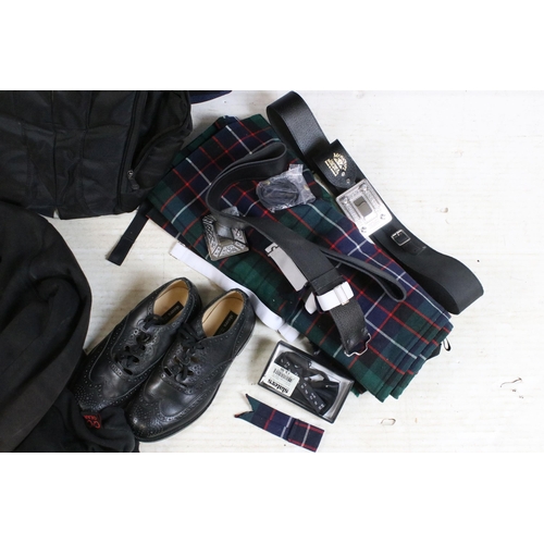 384 - Scottish traditional dress items to include kilt, jacket, waistcoat, shoes, Manacraft belt and acces... 