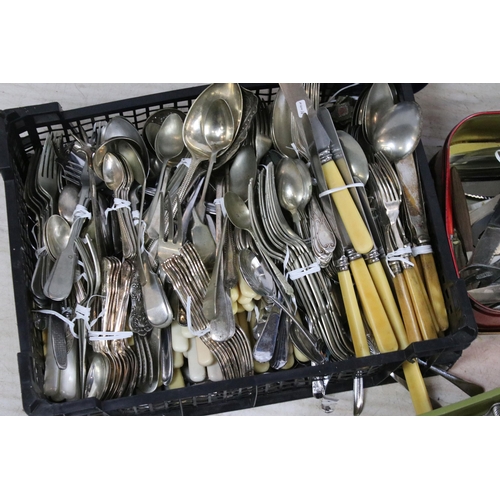 398 - Large selection of cutlery to include silver plate, stainless steel, Viners, Sheffield and souvenir ... 