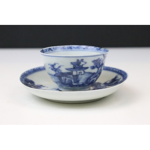 4 - Nanking Qing dynasty cargo tea cup and saucer having blue under glazed decoration featuring pagoda s... 