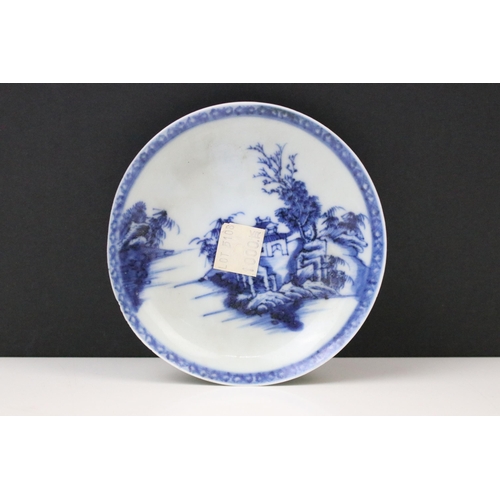 4 - Nanking Qing dynasty cargo tea cup and saucer having blue under glazed decoration featuring pagoda s... 