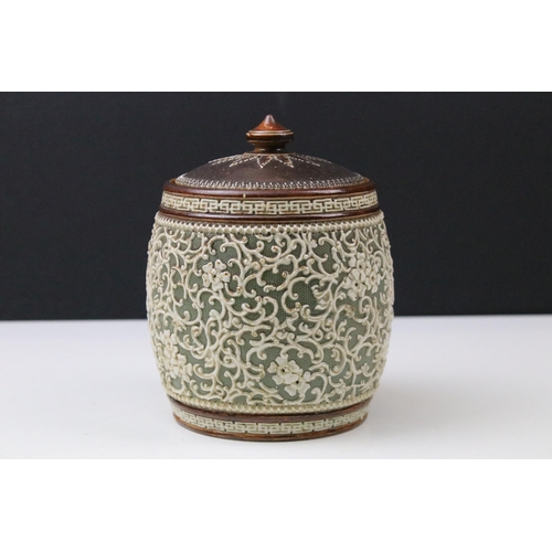 43 - Royal Doulton Lambeth tobacco jar with lid and all over pattern, marked to underside together, H 15c... 