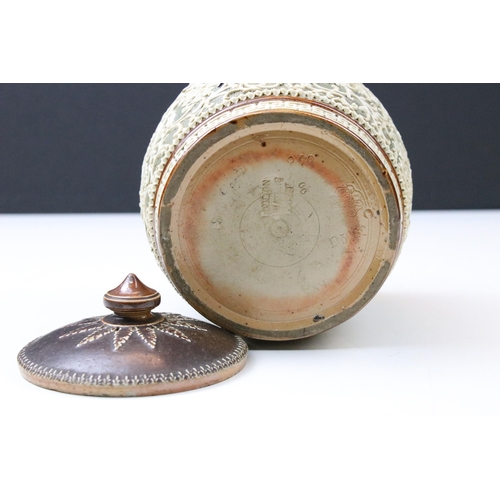 43 - Royal Doulton Lambeth tobacco jar with lid and all over pattern, marked to underside together, H 15c... 