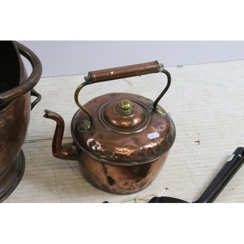 444 - Copper coal scuttle and copper teapot together with brass ware to include decorative plate, fireside... 