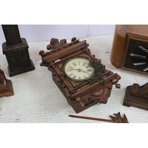 448 - Assortment of clocks to include an Art Deco wooden example together with a Napoleon hat carved wood ... 