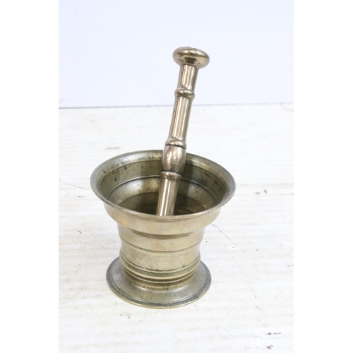 449 - Antique brass apothecary pestle and mortar together with a 20th century Turkish copper ewer