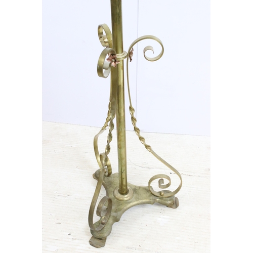 454 - Brass floor standing adjustable oil lamp stand with scroll and twist detailing, H 120cm (lowest)