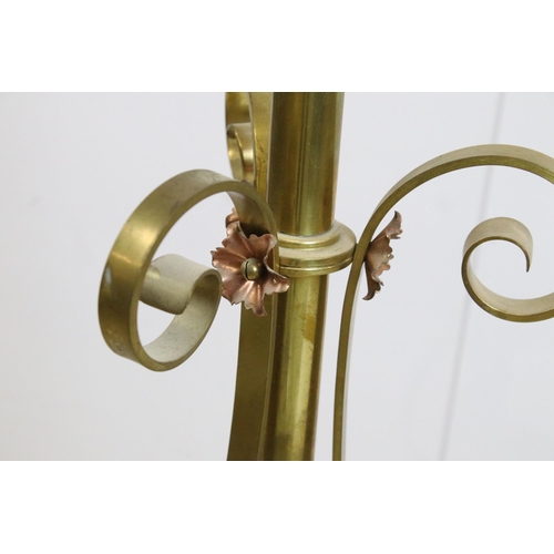 454 - Brass floor standing adjustable oil lamp stand with scroll and twist detailing, H 120cm (lowest)