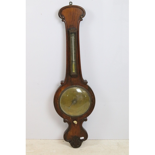 456 - J Whipp, Rochdale mahogany carved wall hanging banjo barometer with brass face, H 94cm