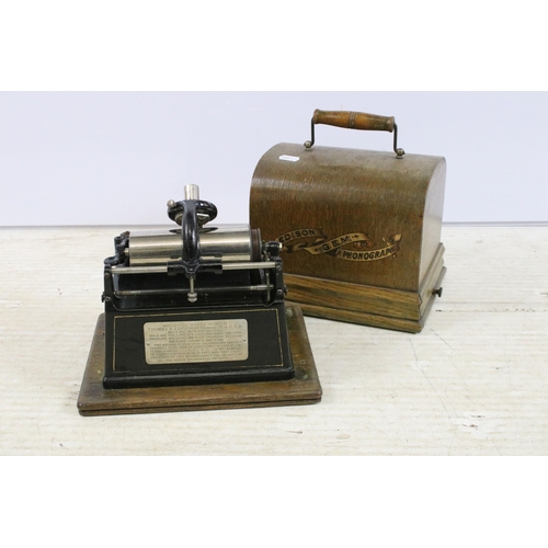 457 - Early 20th century Edison Gem Phonograph (lacking horn) in oak case, serial number G59565